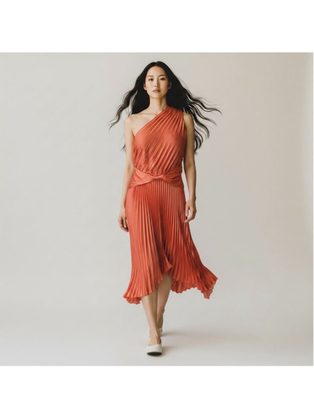 Size L Anrabess Pleated One Shoulder lightweight flowy Tangerine Orange dress